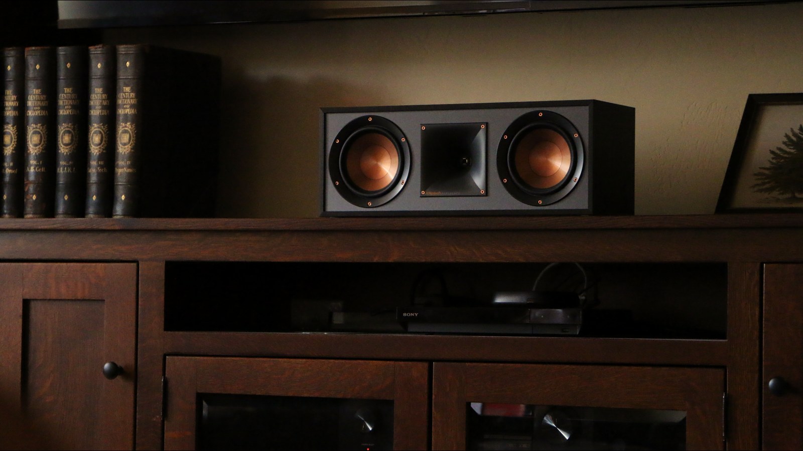Center channel speaker and media console in the finished media room